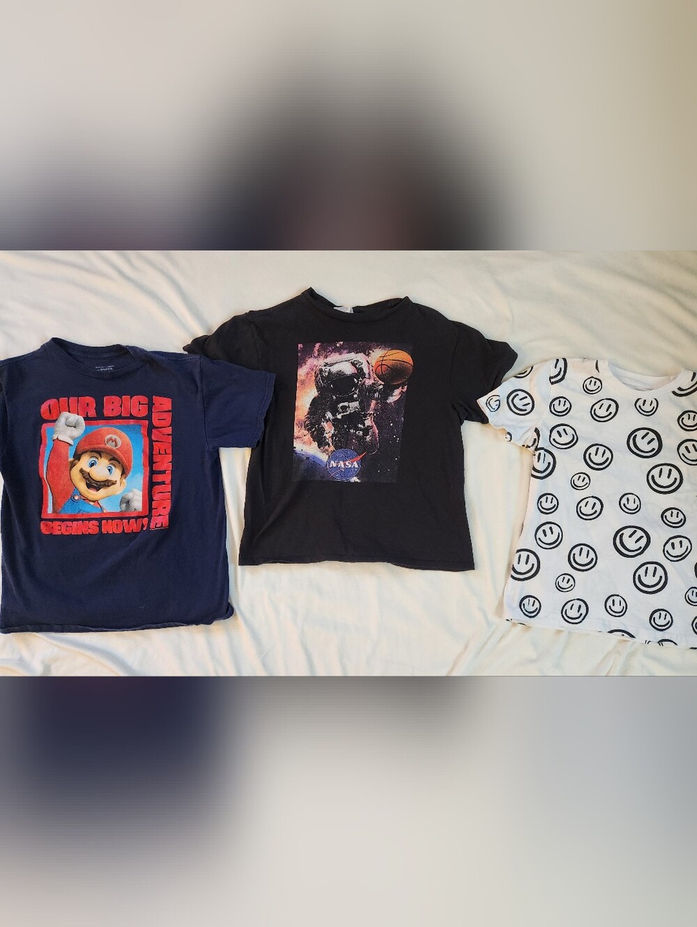 Boys Med - 3 T Shirts. Mario, NASA Astronaut Basketball Print, Smiley Face